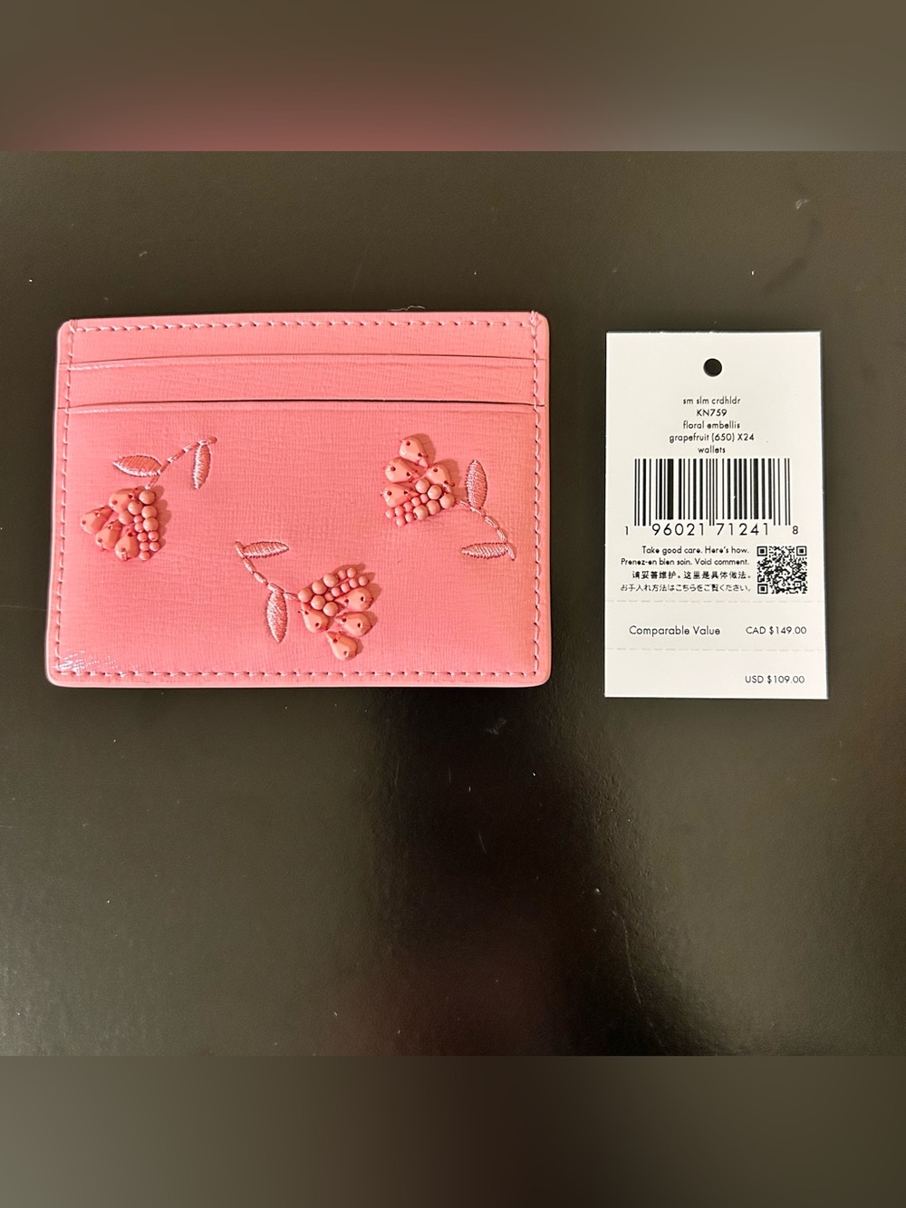 Kate Spade Pink Beaded Floral Small Slim Card Holder MSRP $109